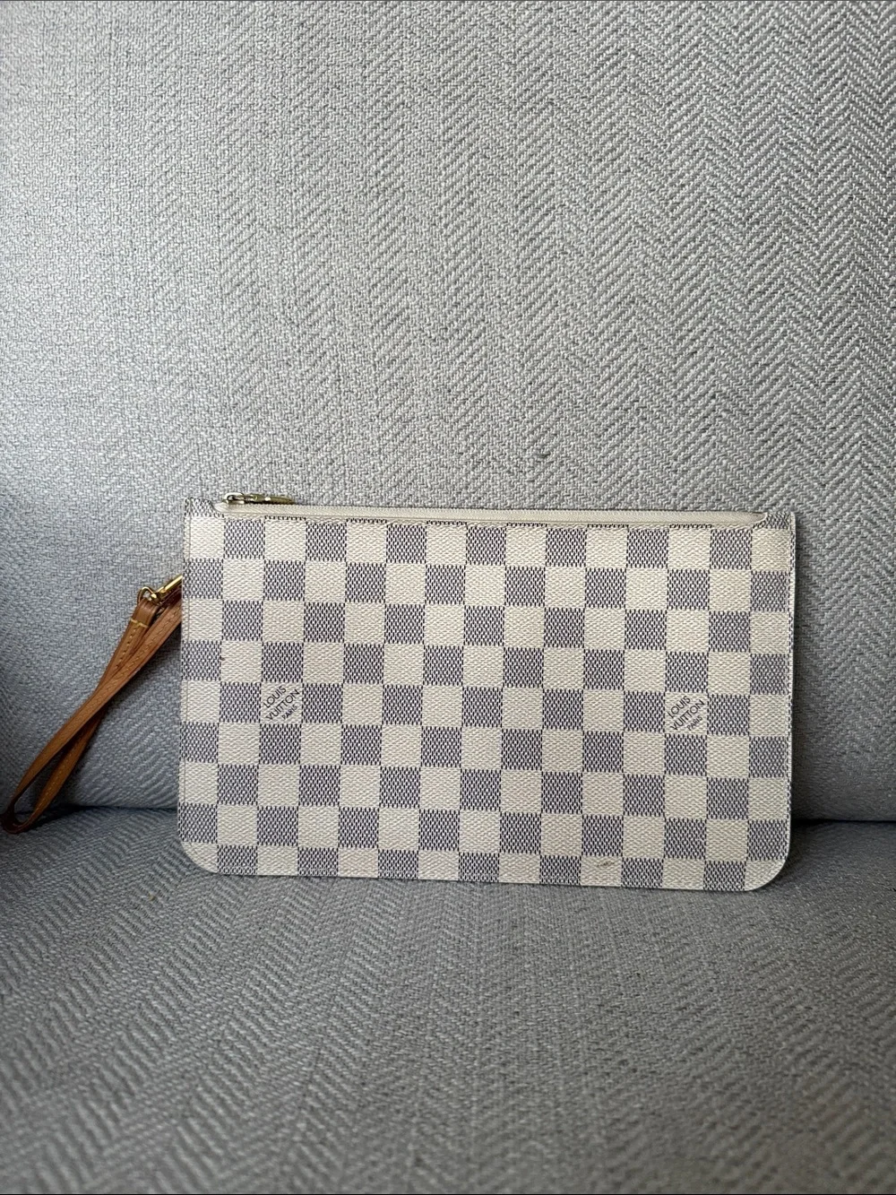 Louis Vuitton Damier Azur Zip Pouch in White and Light Gray with Tan Strap